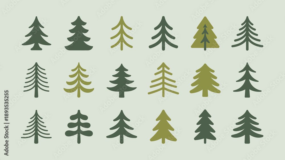 Obraz premium A collection of stylized evergreen trees in varying shades of green arranged in a grid like pattern against a pale background high quality professional detailed modern