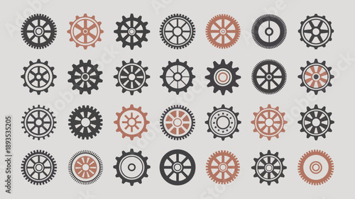 An arrangement of various mechanical gears in shades of black and orange against a pale gray background showcasing diverse designs high quality professional detailed modern elegant