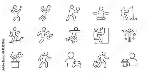 Set of icons depicting various hobbies and leisure activities sports, music, games, and outdoor pursuits