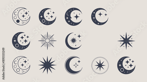 A collection of celestial designs featuring crescent moons stars and sunbursts in a minimalist illustrative style on a neutral background high quality professional detailed modern elegant