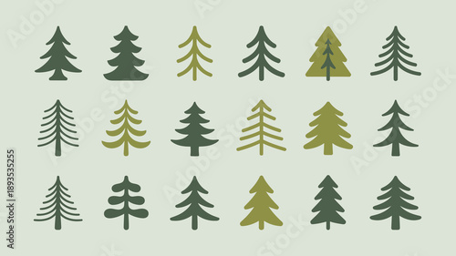 A collection of stylized evergreen trees in varying shades of green arranged in a grid like pattern against a pale background high quality professional detailed modern