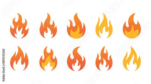 A collection of vibrant cartoon style flame graphics is displayed against a white background showcasing various shapes and sizes of fire high quality professional detailed modern
