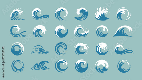 A collection of stylized ocean waves in varying shapes and sizes presented in shades of blue against a teal background high quality professional detailed modern elegant