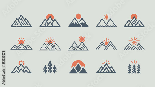 A collection of minimalist mountain and sun icons in varying styles and arrangements presented in a muted color palette high quality professional detailed modern elegant stylish