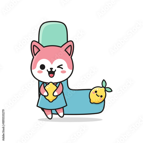 Cartoon pink fox in blue dress holding star shaped cookie with smiling lemon on tail