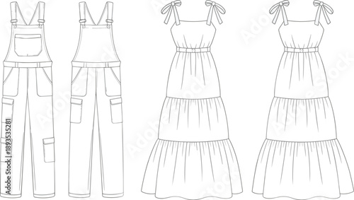 Technical fashion sketch of overalls and tiered maxi dress, front and back views, garment design, sewing reference