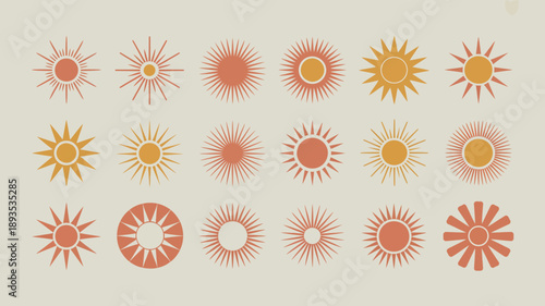 A collection of stylized suns and radial bursts are displayed in varying shades of orange and yellow on a pale background high quality professional detailed modern