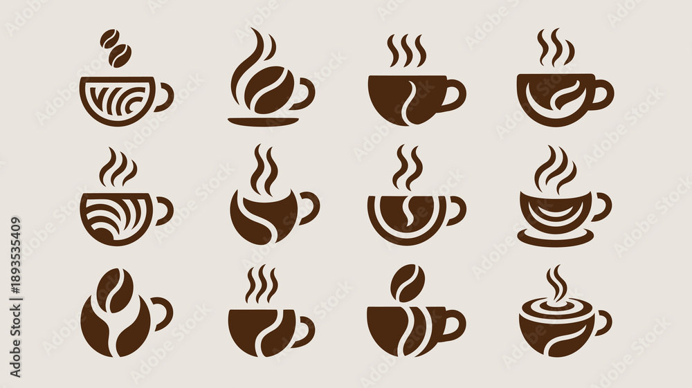 Obraz premium An arrangement of various coffee cup and bean icons with rising steam depicted in a monochrome brown color scheme high quality professional detailed modern elegant stylish