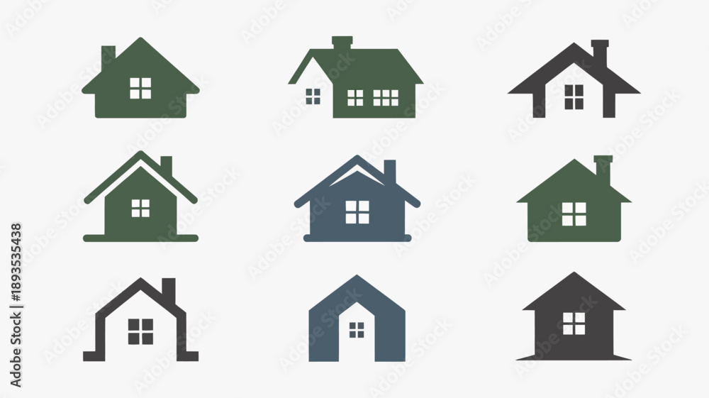 Fototapeta premium A collection of nine simple house icons in varying shades of green blue and gray are displayed in a neat grid arrangement high quality professional detailed