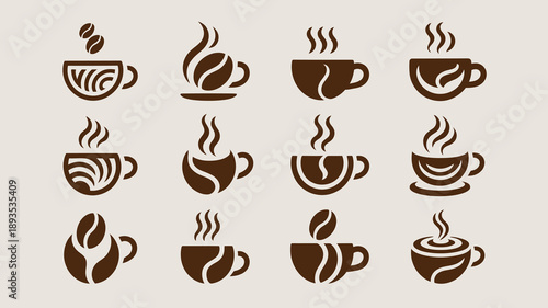 An arrangement of various coffee cup and bean icons with rising steam depicted in a monochrome brown color scheme high quality professional detailed modern elegant stylish