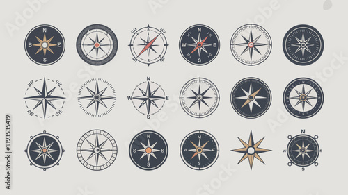 A collection of vintage compass roses are displayed in varying styles and colors arranged neatly in a grid like pattern on a light background high quality