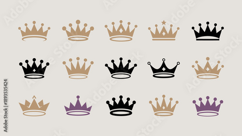 An arrangement of ten ornate crowns in varying shades of gold black and purple against a neutral background high quality professional detailed modern elegant stylish clean
