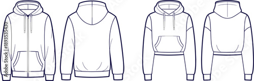 Technical fashion sketch, front and back hoodie design, zip-up and cropped pullover styles, garment illustration for apparel production