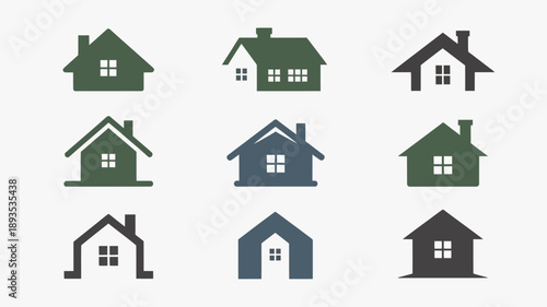 A collection of nine simple house icons in varying shades of green blue and gray are displayed in a neat grid arrangement high quality professional detailed