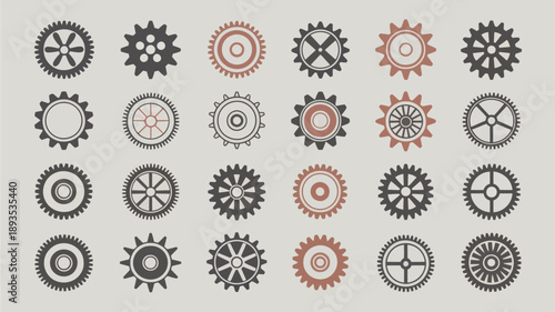 A collection of various mechanical gears is displayed in differing styles and shades of grey black and reddish brown high quality professional detailed modern elegant stylish
