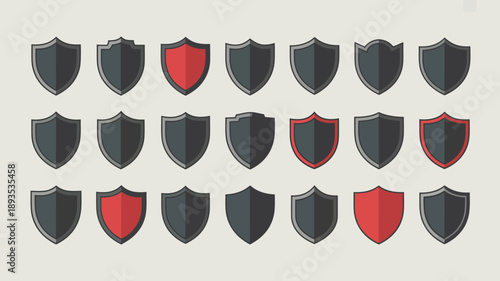 An arrangement of fifteen shield icons is displayed with the majority being dark gray and four shields highlighted in red high quality professional detailed modern elegant