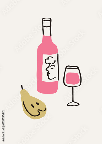 Dolce vita card design. Hand-drawn doodle style wine bottle, wineglass, pear on kitchen poster. Italian sketch scribble drawing, holiday postcard with alcohol glass. Flat vector illustration