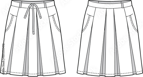 Technical fashion sketch of pleated skirt design, front and back view, with drawstring waist, belt loops, and pockets