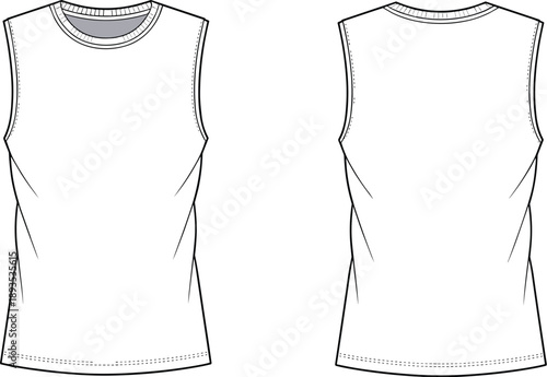 Technical flat sketch of sleeveless athletic shirt, fashion design template, front and back view, sportswear illustration, vector
