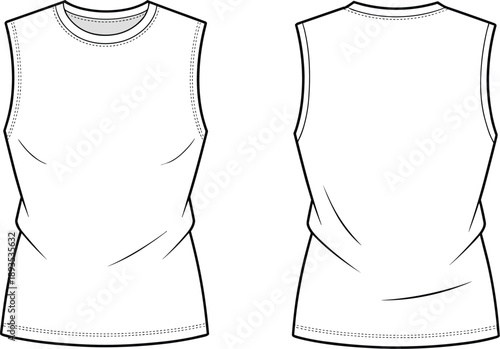 Technical flat sketch of sleeveless women's top, round neckline, fitted waist, fashion design illustration, garment construction detail