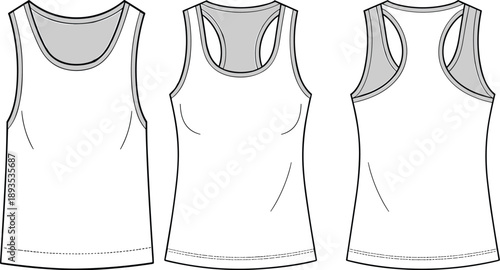 Technical flat sketches of tank tops, fashion design template, racerback and scoop neck styles, garment construction reference