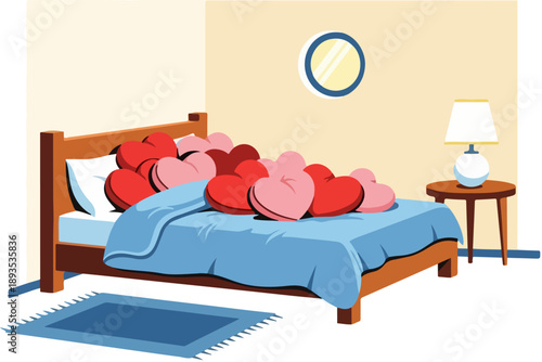 Cozy bedroom setting featuring a wooden bed generously adorned with numerous red and pink heart shaped pillows symbolizing romance and affection for valentines day.