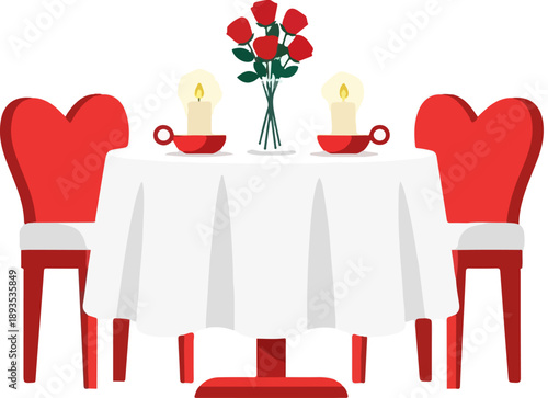 Romantic candlelit dinner setting for two featuring a centerpiece of red roses on a formally draped white tablecloth emphasizing a loving celebration.