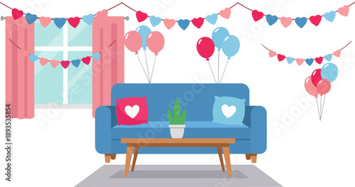 Charming living room interior decorated with pink and blue heart shaped banners balloons and comfortable blue sofa ready for a celebration or party