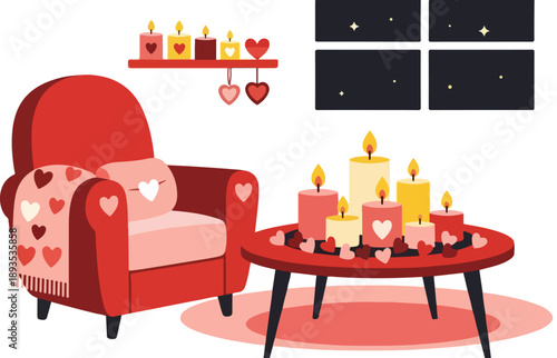 Cozy romantic scene featuring a plush red armchair adorned with hearts and numerous glowing candles creating a warm intimate evening atmosphere