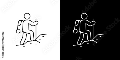 Hiking and trekking icon on white and black backgrounds, depicting a person with a backpack and walking stick ascending a rocky path