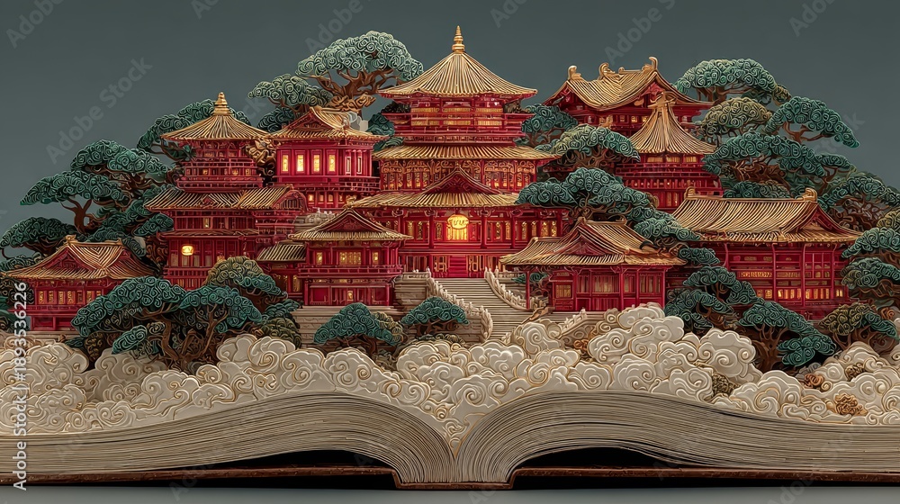 Obraz premium Pages of ancient books slowly spread out magnificent Chinese palaces stand atop them