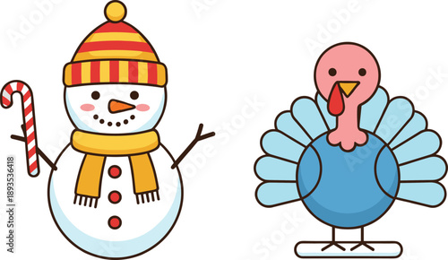 Cute Snowman and Turkey Cartoon Vector Illustration Set for Winter Holidays, Thanksgiving Themes, Kids Designs, Seasonal Decorations, and Festive Cre