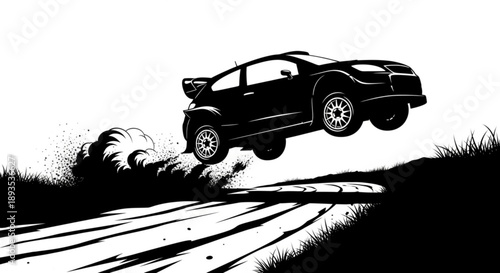 Dynamic black and white illustration of a rally car caught mid-air, emphasizing speed and thrilling off-road action on a dusty track under a clear sky
