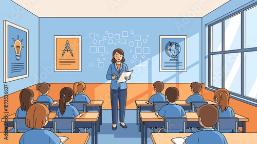 A dedicated female teacher giving a lesson to her students in a classroom.