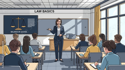A female law professor delivering a lecture on legal basics to students in a university classroom.