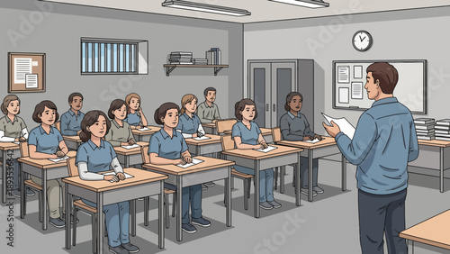 A dedicated male teacher giving a lecture to a classroom of attentive students.