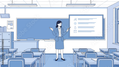 Anime style female teacher giving a presentation in a classroom.