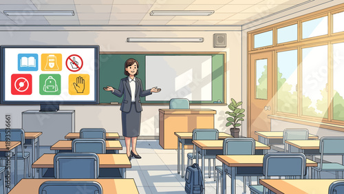 Anime style illustration of a female teacher presenting in her classroom.