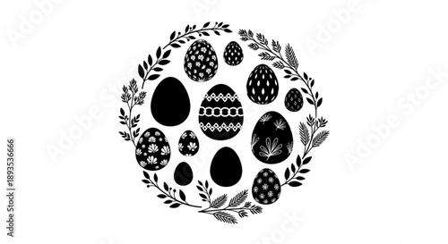 Easter eggs in a circular wreath surrounded by leaves, illustrations of eggs in various patterns and sizes, black and white artwork.