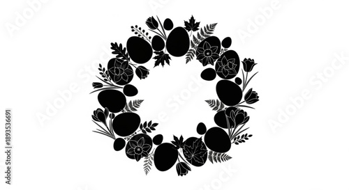 Silhouette of an Easter wreath adorned with decorative eggs and floral elements, perfect for spring celebrations and holiday designs