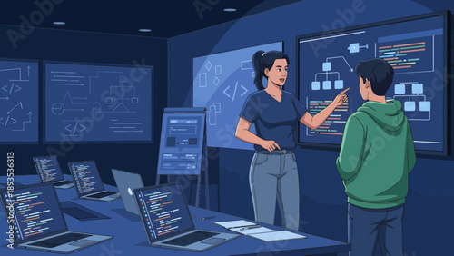 Female instructor teaching a young male student about computer programming in a modern classroom.