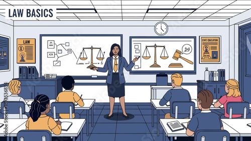 Female law professor teaching legal basics to diverse students in a classroom setting.