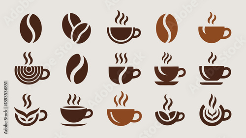 A collection of stylized coffee beans and steaming cups presented in various shapes and sizes creating a warm beverage theme high quality professional detailed modern elegant