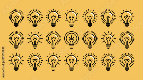 An array of outlined lightbulb icons featuring heart shaped filaments set against a solid mustard yellow background high quality professional detailed modern elegant stylish clean crisp