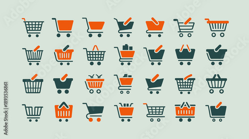 A collection of shopping cart icons in varying shades of orange and teal are displayed in a grid like arrangement on a pale background high quality