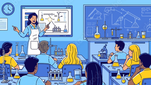 Female science teacher giving a chemistry lesson to students in a classroom laboratory.