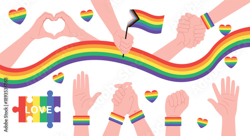 Pride Month Illustration Featuring Raised Hands, Rainbow Flags, Love Symbols, and LGBTQ Support Elements for Diversity, Equality, and Inclusion Designs