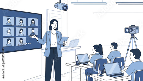 Female teacher conducting a hybrid learning session in a modern classroom.