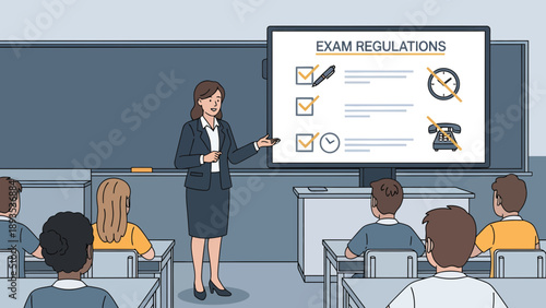 Female teacher explaining exam regulations to students in classroom.