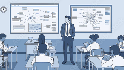 Male educator in a suit giving a presentation to a class of students.